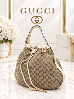 Authentic Gucci GG Canvas Drawstring Hobo Shoulder Bag